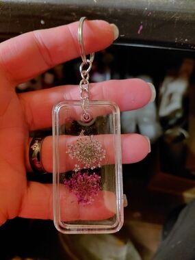 Handmade Clear Resin Keychain with White and Pink Dried Flowers